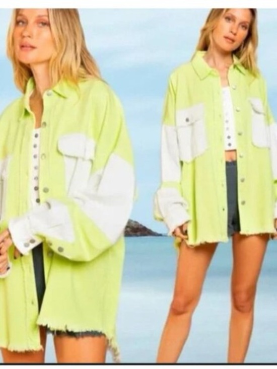 POL Tops - POL Oversized Frayed Worn Shacket Jacket Top Neon Green White M